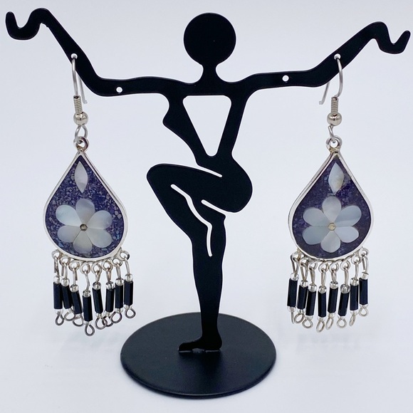 Vintage Alpaca Mexico Mother Of Pearl Long Dangle Earrings - Picture 2 of 10